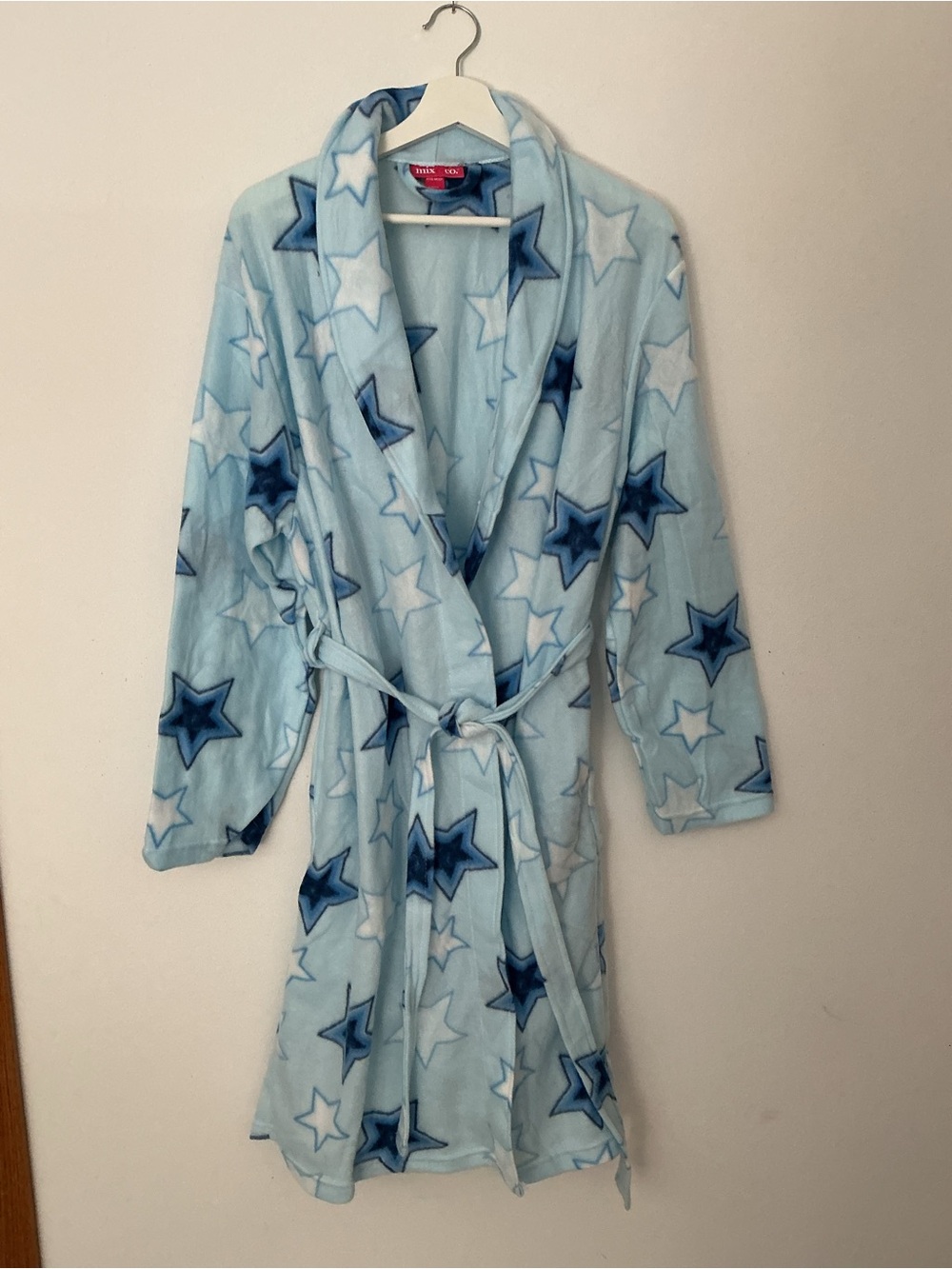 Light Blue Star Print Fleece Robe with Shawl Collar - Never Worn